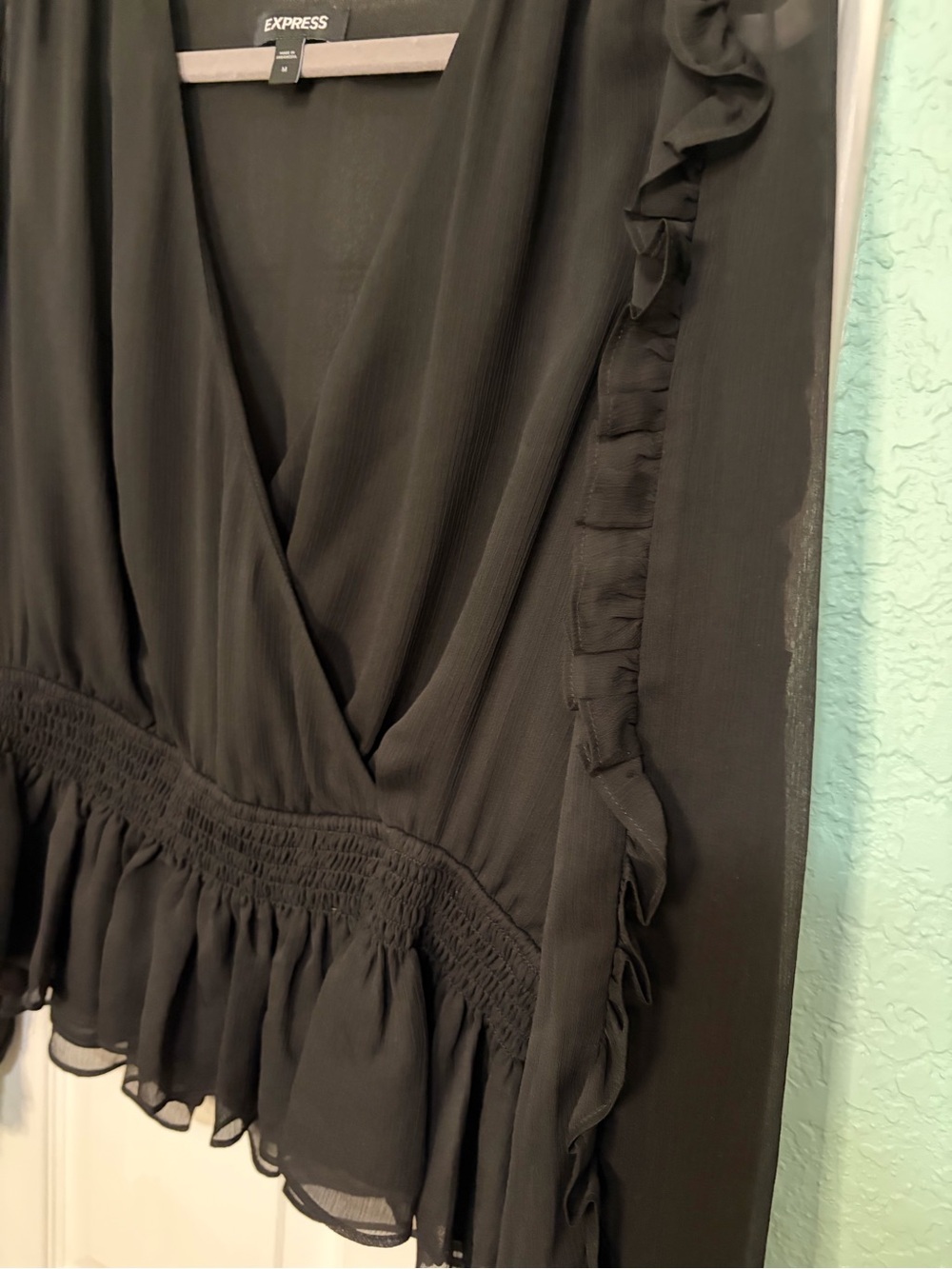 Express Black Sheer Ruffle Wrap Blouse - Picture 2 of 4